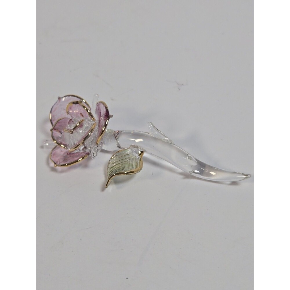 Pink Art Glass Rose Figurine Gold Accents Hand Blown Floral Decor 3.25 Inch
